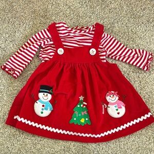 Red Holiday Dress with Snowman and Tree Appliqué